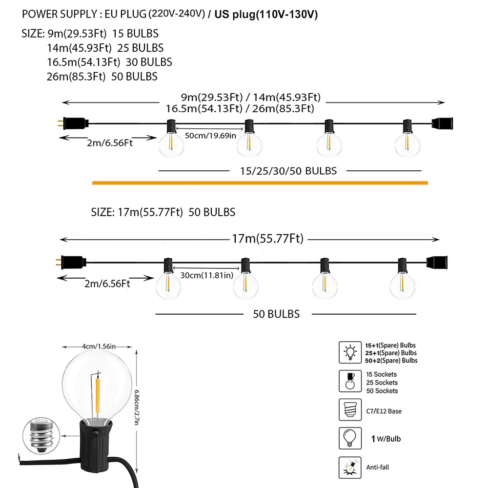 Guirlande LED KIKIELF - Boules Lumineuses Étanches IP44 - 9M/14M/26M