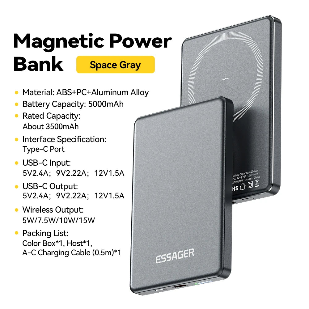 Essager Batterie Externe Sans Fil 5000mAh - 20W Charge Rapide Magnétique