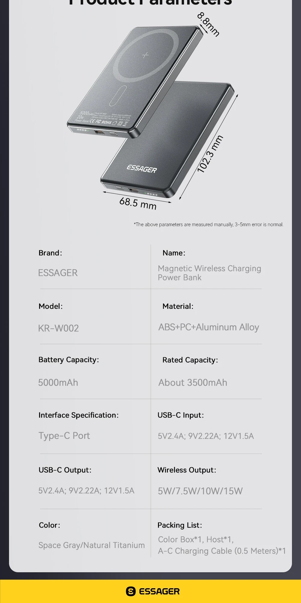 Essager Batterie Externe Sans Fil 5000mAh - 20W Charge Rapide Magnétique