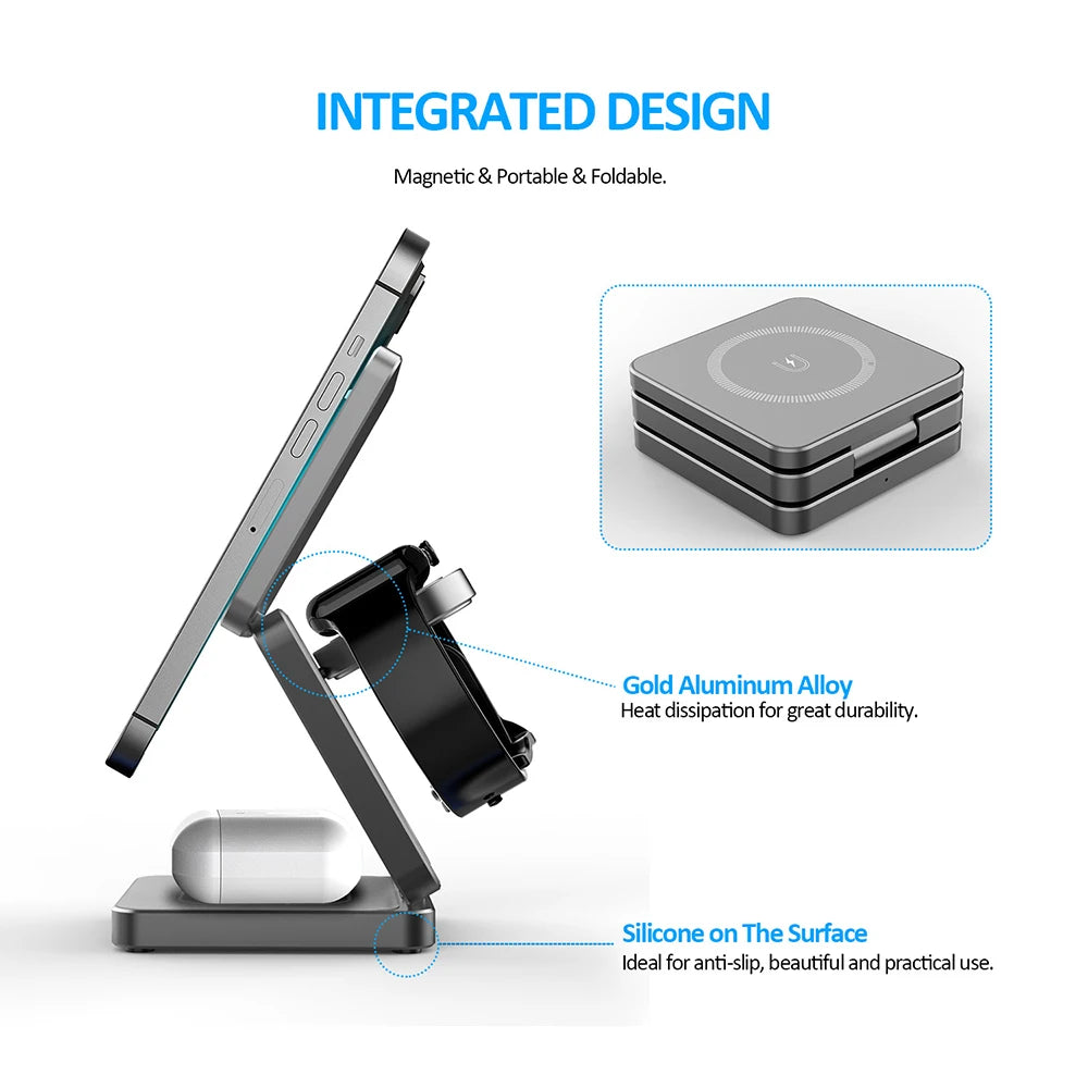 Chargeur sans fil 3-en-1 magnétique pliable